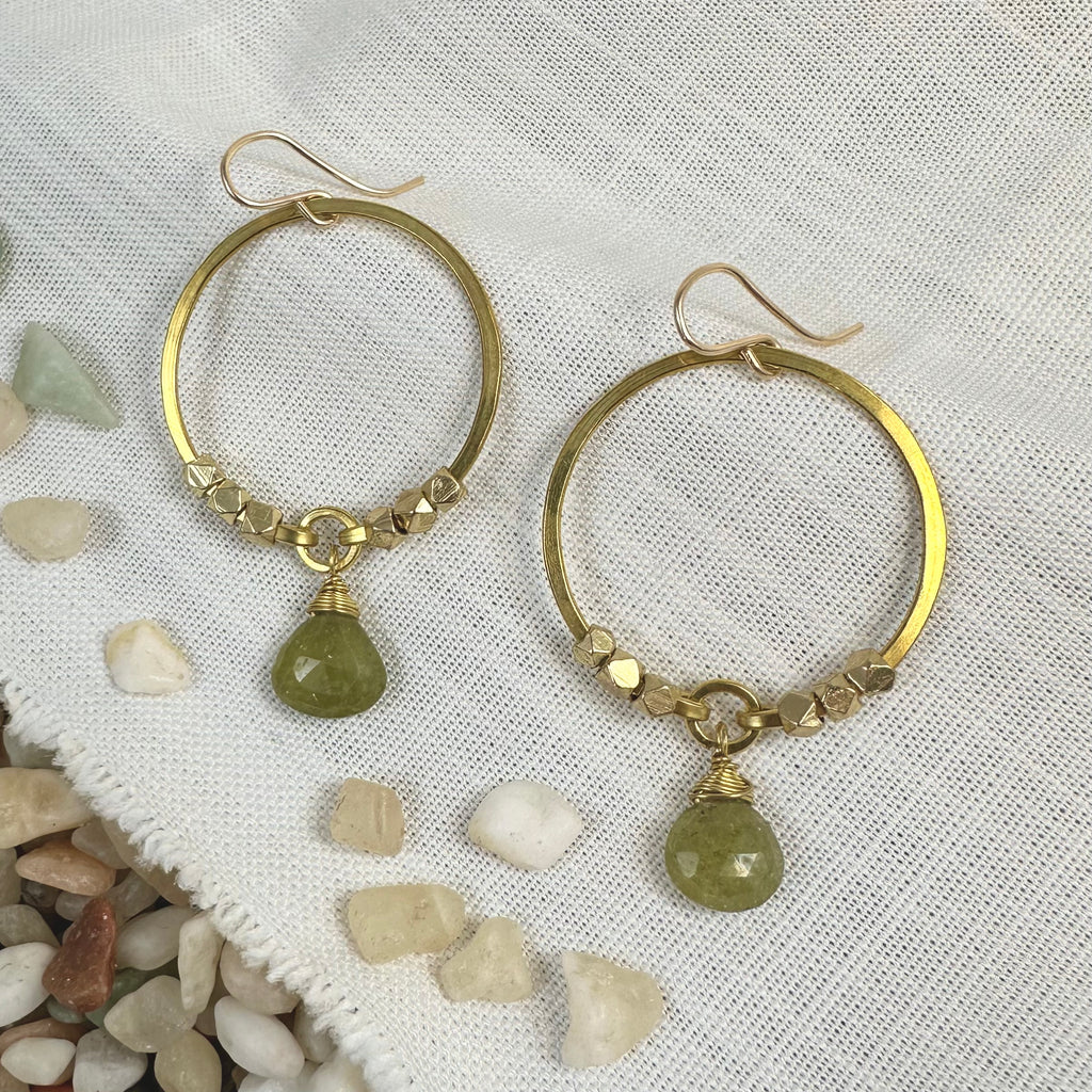 Hoop, Brass Beads, and Stone Earring