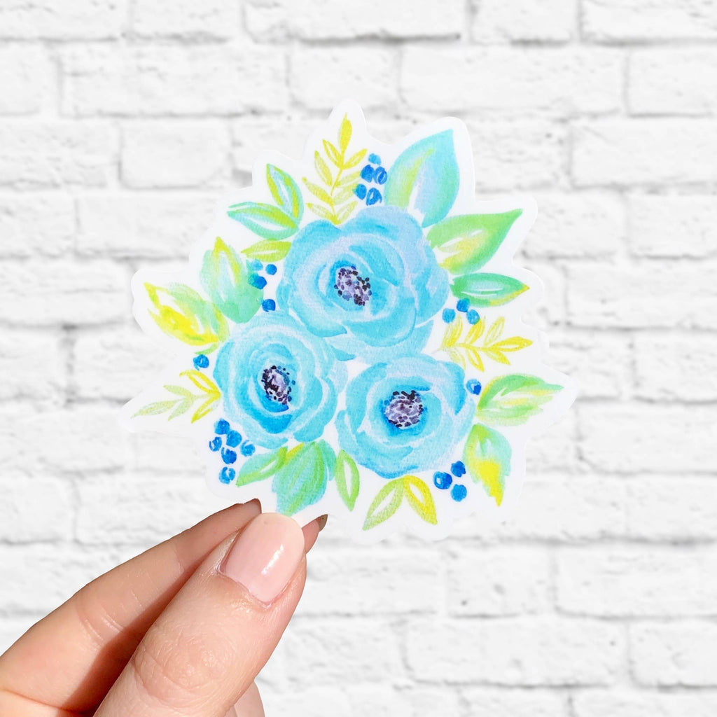 Blue Watercolor Flower Bouquet Sticker 3x3in.