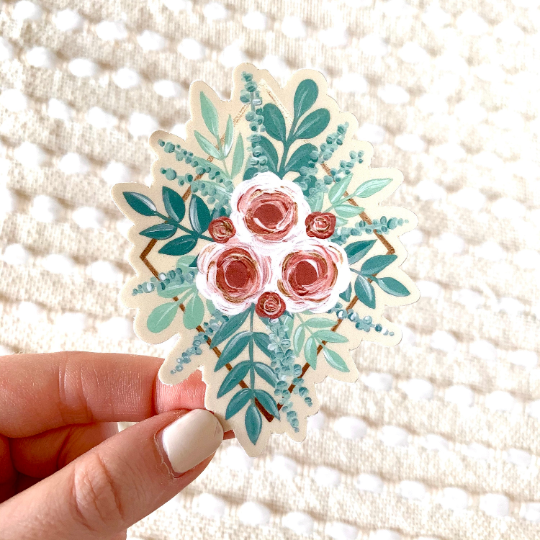 Rose Gold Diamond with Pink Roses Sticker, 3x3 in.