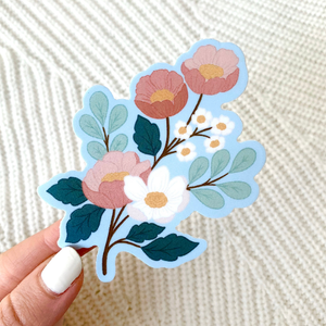 White Pink Blue Floral Sticker, 3x3 in.