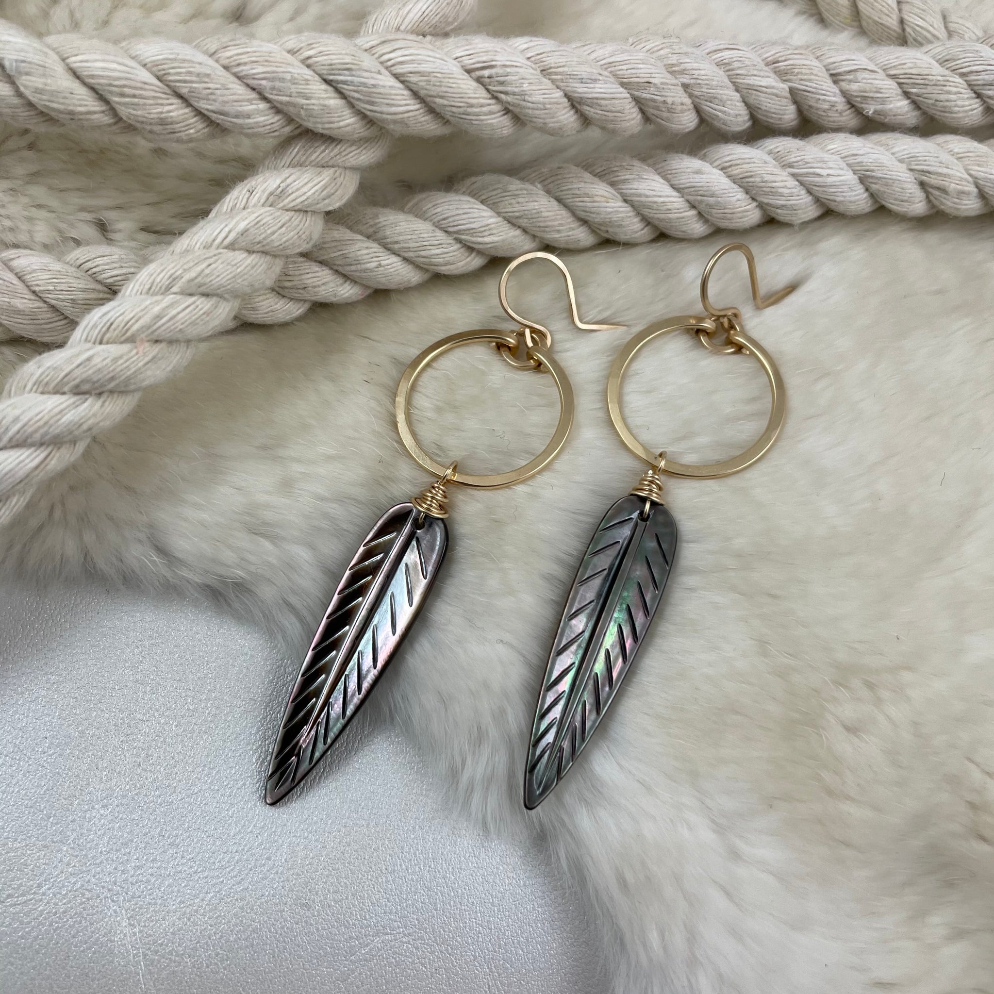 Mother of Pearl Feather and Mini Hoop Earrings