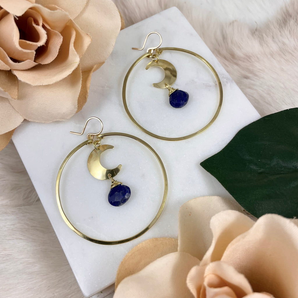 Small Moon with Stone Medium Hoop Earring