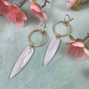 Mother of Pearl Feather and Mini Hoop Earrings