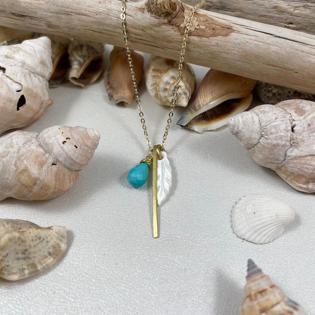 Mother of Pearl Feather, Stick, and Brio Necklace